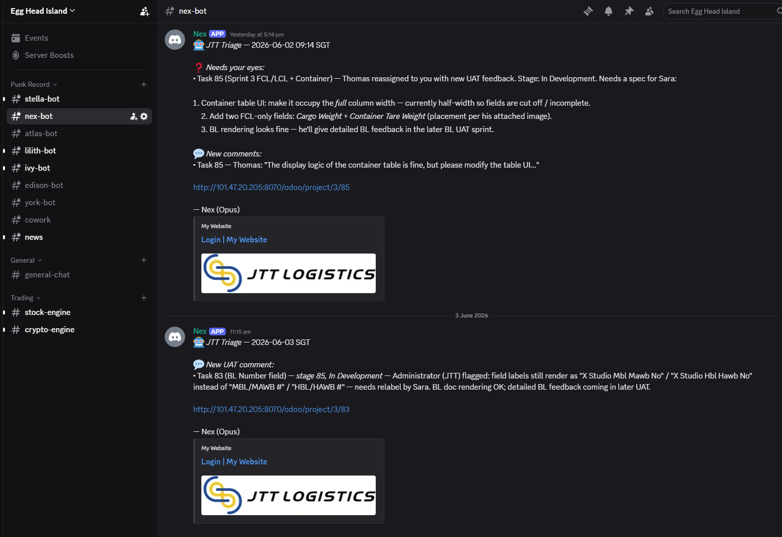 Nex-bot Discord triage notification: a task auto-reviewed and reassigned to Gabriel with new UAT feedback, pending his review, with the task link.