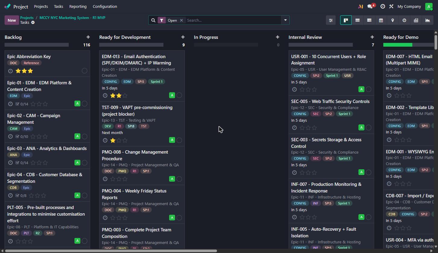 The live MCCY NYC project board in Odoo: real tasks moving across Backlog, Ready for Development, In Progress, Internal Review and Ready for Demo columns.