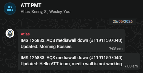 ATT PMT group chat: Atlas posts the IMS 126883 ticket updates back to the team.