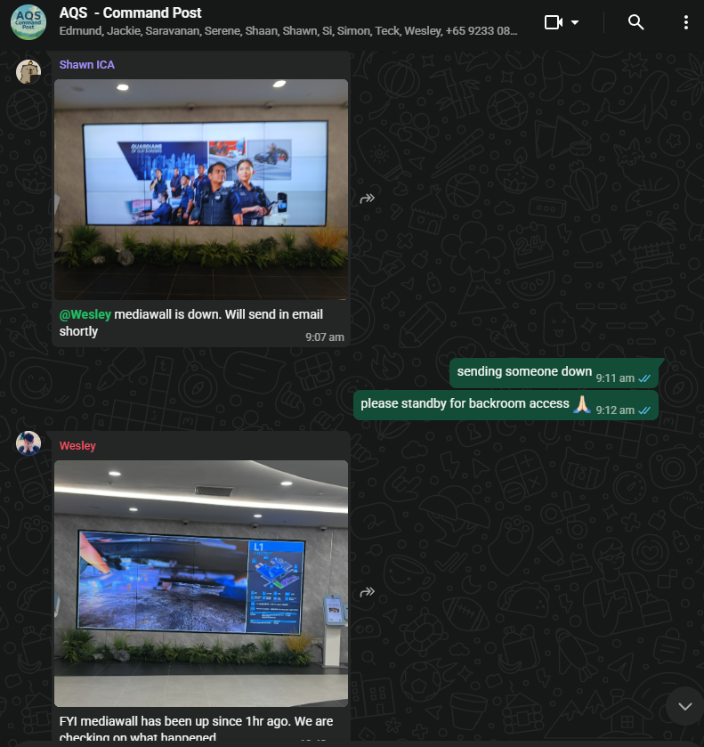 AQS Command Post group chat: the mediawall reported down.