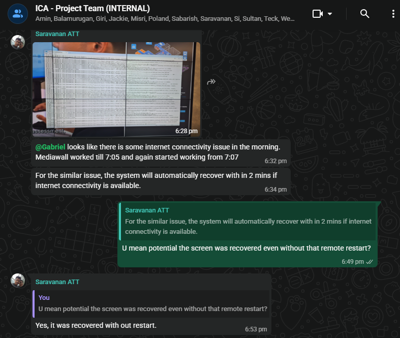 ICA project team chat: the mediawall auto-recovered, resolution tracked.